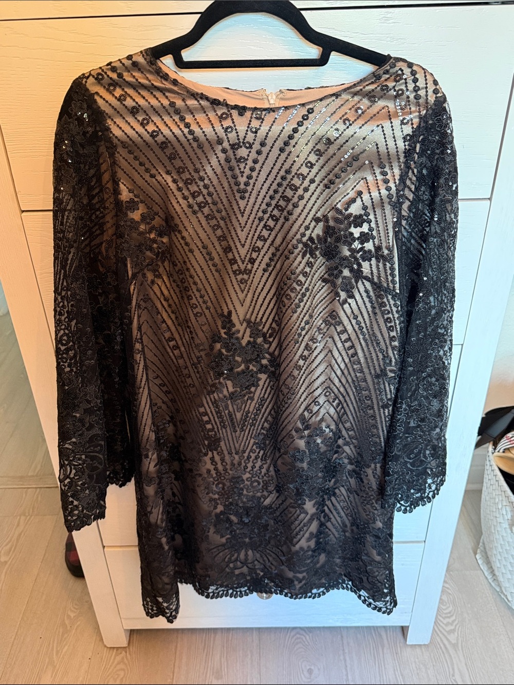 Black Lace Beaded Mini Dress - Women's Evening Shift